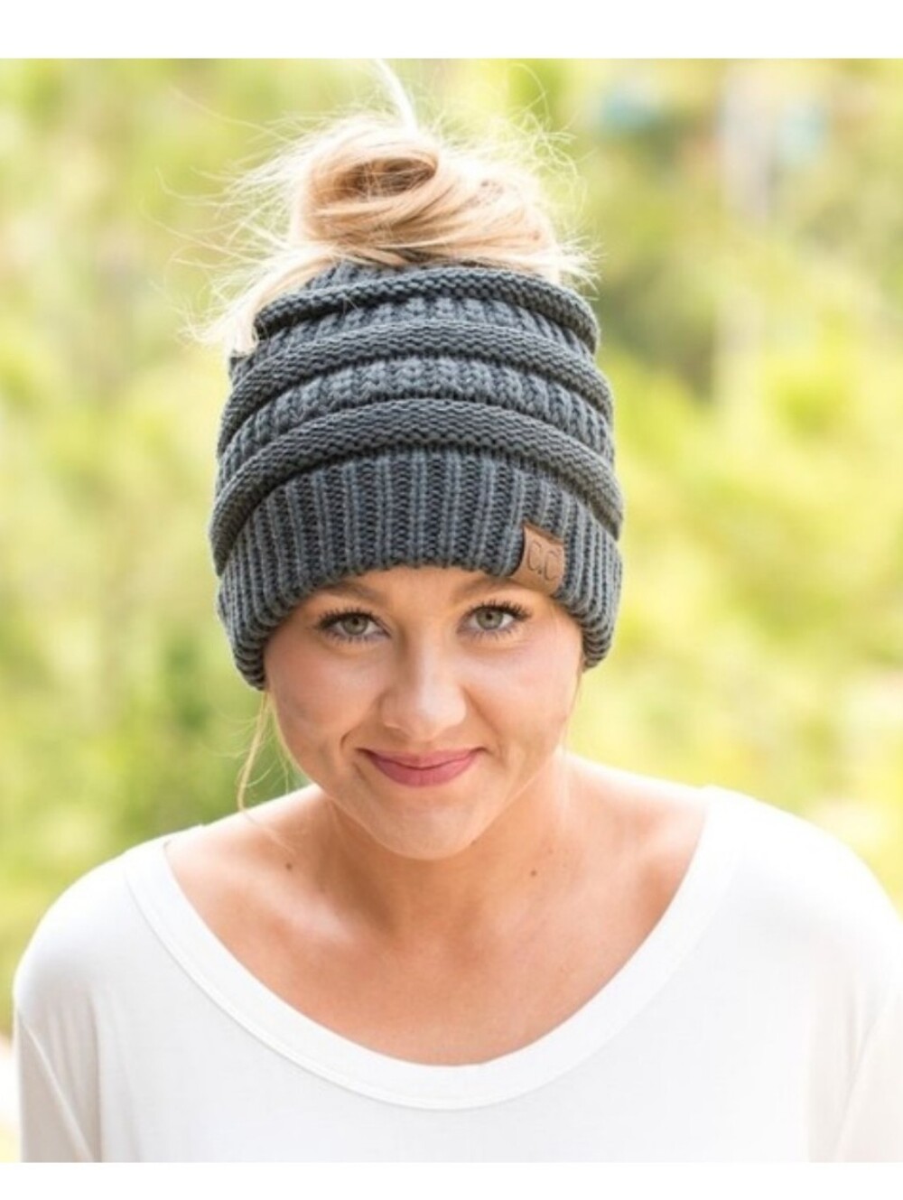 Dark Gray CC Messy Bun Beanie